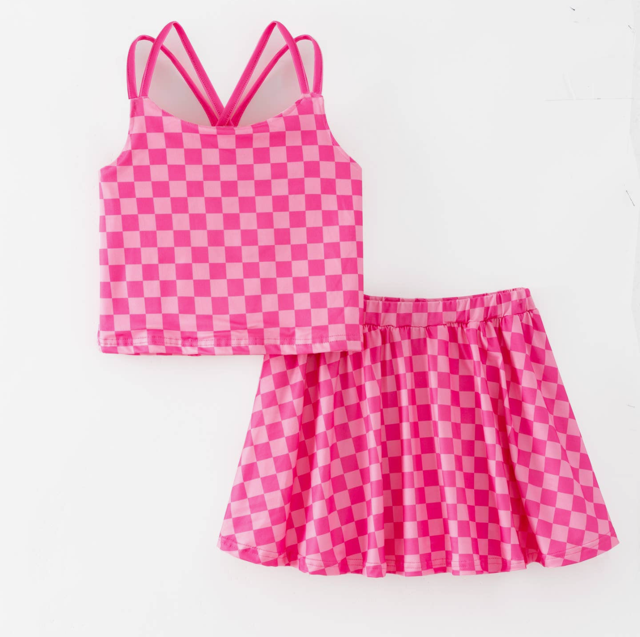 Girls Summer Pink Plaid Athletic Skirt Set