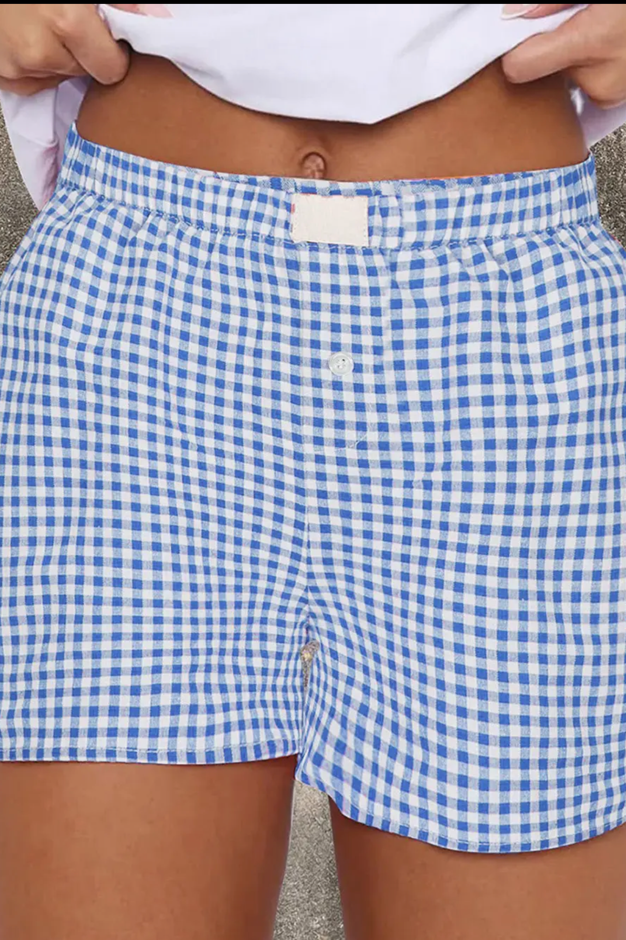 Blue Gingham High Waisted Elastic Waist Summer Shorts