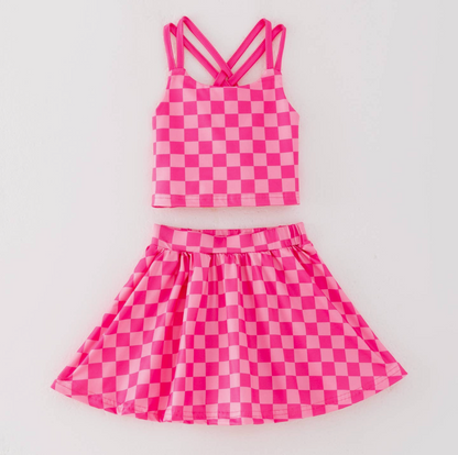 Girls Summer Pink Plaid Athletic Skirt Set