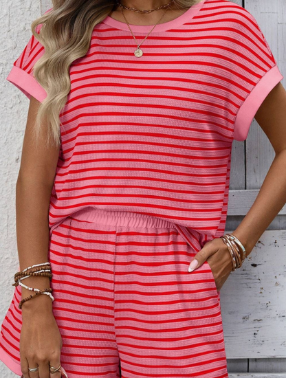 Striped Short Sleeve Top & Shorts Lounge Set