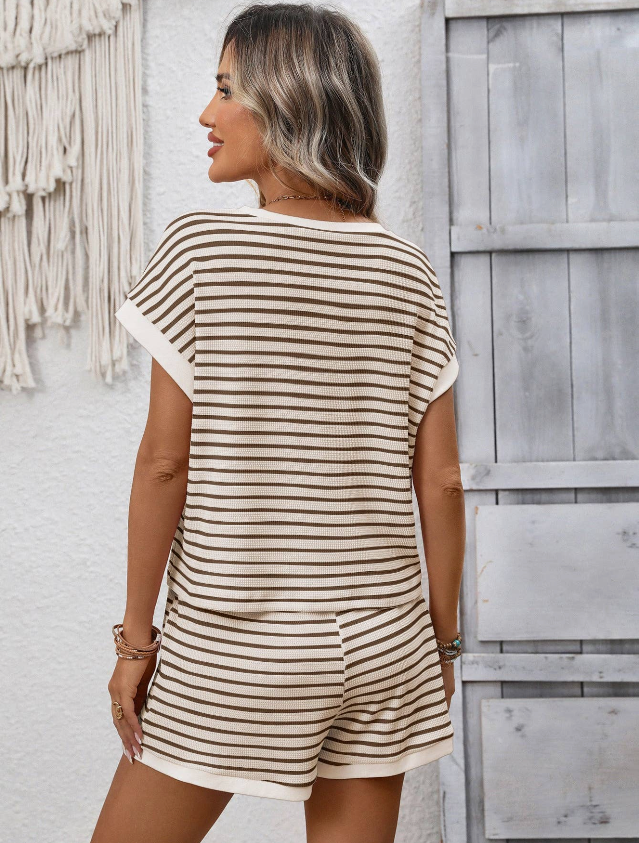 Striped Short Sleeve Top & Shorts Lounge Set